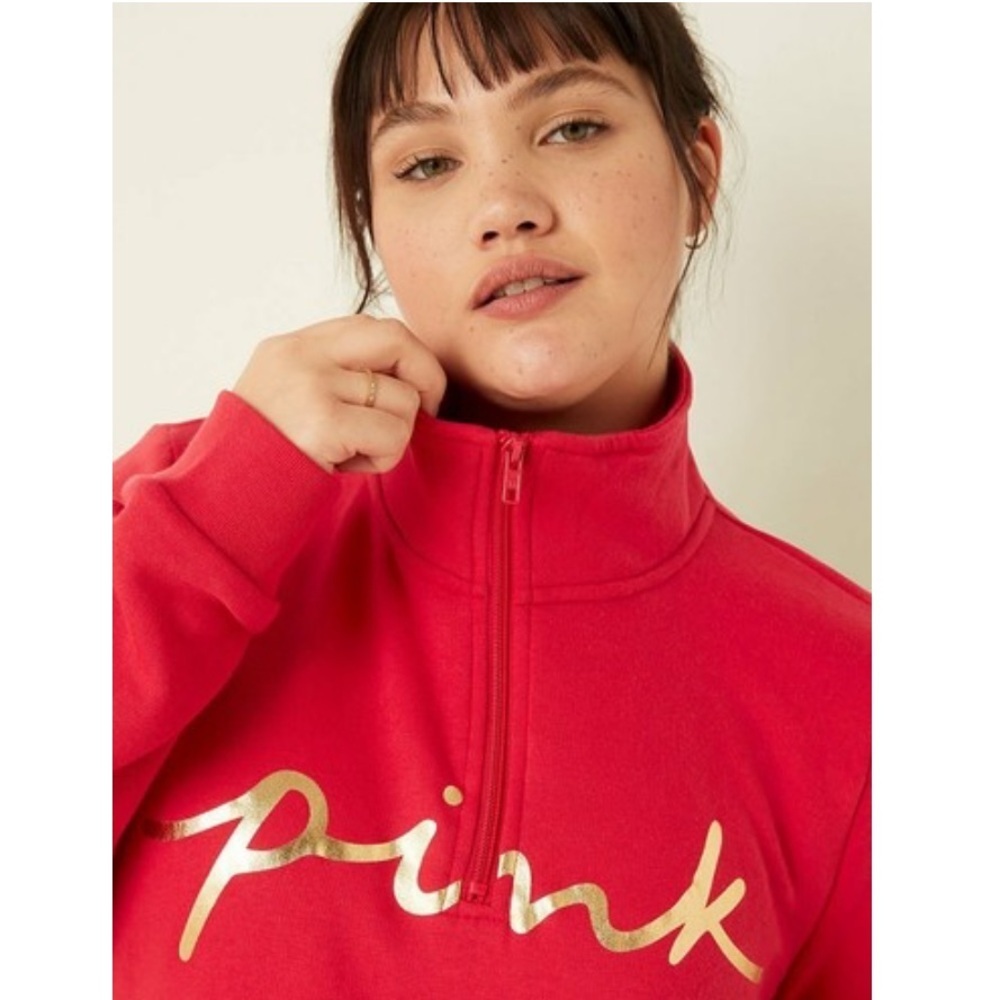 VICTORIA'S SECRET PINK FLEECE QUARTER-ZIP Red Sweater size large - Picture 2 of 8